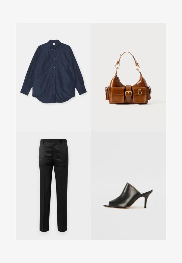 Navyblauwe overhemd met lange mouwen, satijnen textuur, inclusief enkele borstzak en afgeronde onderrand. Voorzien van knoopsluiting bij de kraag en manchetten.; Zwarte op maat gemaakte broek met rechte pijpen en een tailleband met riemlussen, voorzien van een mix van matte en glanzende stofpanelen.; Zwarte leren open teen muiltjes met een elegante, gebogen vorm, hoge stilettohak en een soepele textuur. Het interieur heeft een contrasterende lichte kleur.; Bruine leren handtas met een gebogen vorm, dubbele gouden hardware, twee voorzakken en een brede schouderband. Soepele textuur met een elegante afwerking.