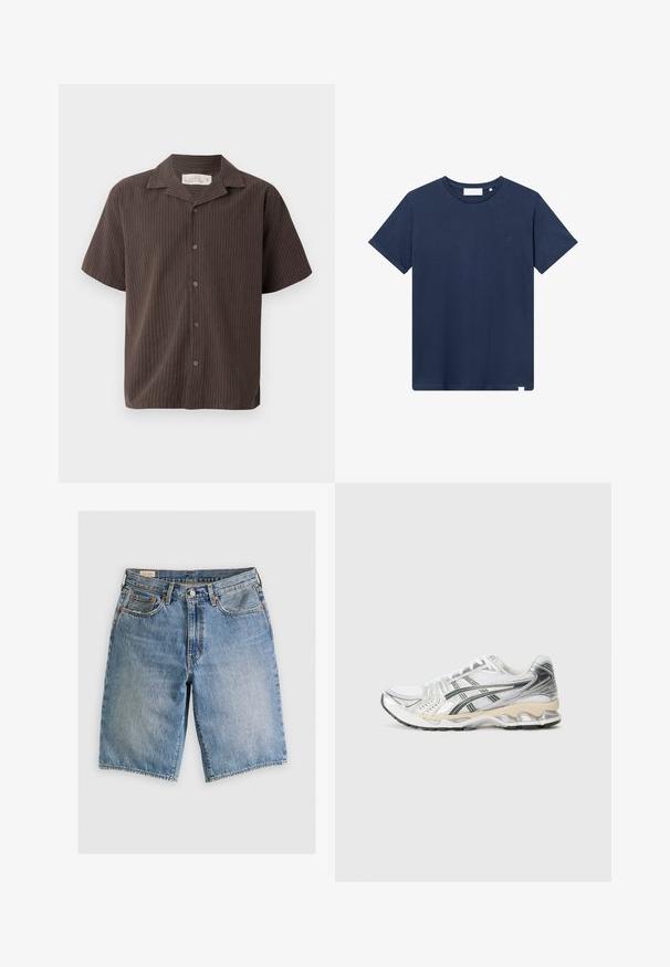 Short-sleeve shirt in dark brown with light vertical stripes, collared design, button front, and relaxed fit. Soft fabric and smooth texture.; Navy blue cotton t-shirt with a crew neckline, short sleeves, and a small embroidered logo on the left chest. Smooth texture.; Denim shorts in light blue with a classic cut. Features five pockets, orange stitching accents, and raw-edge hems.; White athletic shoe with silver and black accents, mesh upper, textured design, cushioned sole, and a flexible tread pattern.