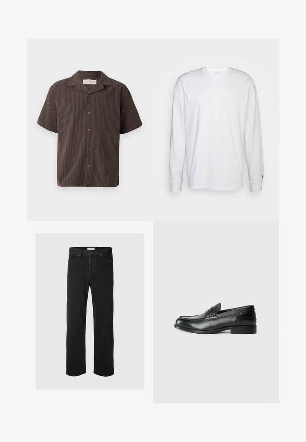 Tamsiai ruda trumpomis rankovėmis palaidinė su šviesiomis vertikaliomis juostelėmis, su apykakle, mygtukų užsegimu ir laisvu siluetu. Minkšta medžiaga ir glotnus paviršius.; Balta, ilga rankovė T-maiša, pagaminta iš medvilnės. Apvalios iškirptės dizainas su raukiniais ant rankovių ir nedidelis logotipas ant kairės rankovės. Glotni tekstūra.; Juodos džinsinės tiesaus silueto kelnės turi klasiką penkių kišenių dizainą su mygtukų uždarymu, minimaliais siūlais ir minkšta tekstūra.; Juodos odinės loafer tipo bateliai su lygiu paviršiumi, siuvinėjimu per priekį ir šiek tiek pakelta pakulne.