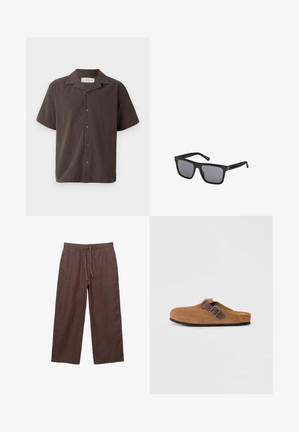 Koszula krótki rękaw w ciemnym brązie z jasnymi pionowymi paskami, z kołnierzykiem, zapinana na guziki, o luźnym kroju. Miękka tkanina i gładka faktura.; Brązowe lniane spodnie z szerokimi nogawkami i elastycznym pasem na sznurku, z dwoma bocznymi kieszeniami i lekkim, teksturowanym materiałem.; Brązowe zamszowe klapki z regulowanym brązowym skórzanym paskiem i srebrną klamrą, z formowanym korkowym wkładem i teksturowaną gumową podeszwą.; Czarna prostokątna para okularów przeciwsłonecznych z ciemnymi soczewkami, matowym wykończeniem i detalem logo na zauszniku. Projekt charakteryzuje się prostymi krawędziami i grubymi oprawkami.