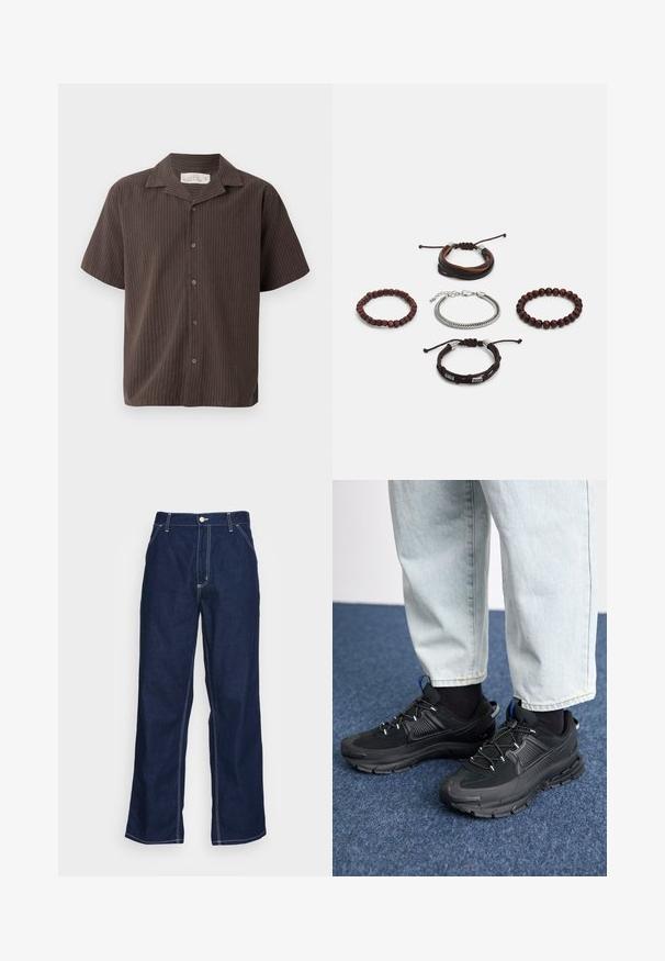 Camisa de manga corta en marrón oscuro con finas rayas verticales, diseño con cuello, botón en la parte delantera y corte relajado. Tejido suave y textura lisa.; Pantalones de mezclilla azul oscuro de pierna ancha, con una cintura alta, bolsillos frontales y costuras en blanco que contrastan a lo largo de las costuras.; Zapatillas deportivas negras con tejido texturizado y suelas de goma, con cordones elásticos y un acento azul en el talón. Combinadas con pantalones de mezclilla claros.; Conjunto de cinco pulseras que presentan cuero marrón, cuentas de madera y una cadena de plata; texturas y formas variadas, con cierres ajustables.