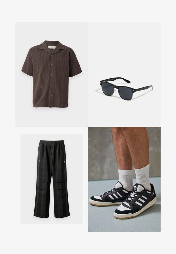 Korte mouwen shirt in donkerbruin met lichte verticale strepen, met kraagontwerp, knoopsluiting aan de voorkant en een relaxte pasvorm. Zacht stof en een gladde textuur.; Zwarte geruite broek met een elastische tailleband, twee voorzakken en een losse pasvorm met een rechte pijpdesign. Gemaakt van lichtgewicht materiaal.; Zwart-witte sneakers met een bovenwerk van suede en leer, voorzien van drie witte strepen, een geperforeerde neus en een rubberen gumzool.; Zwarte zonnebril met een rechthoekige vorm, donkere lenzen, zilveren accenten bij de slapen en een matte afwerking op het montuur.