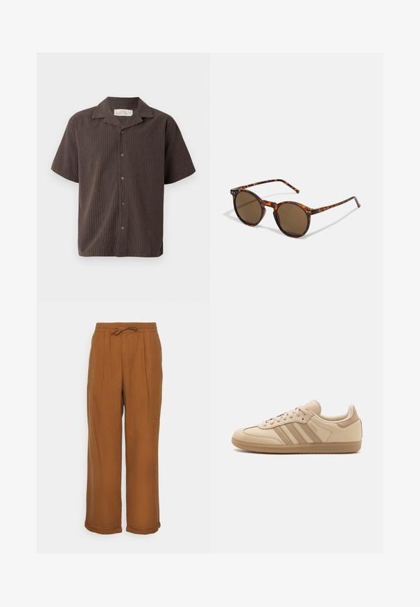 Kortærmet skjorte i mørkebrun med lyse lodrette striber, kravedesign, knaplukning foran og løs pasform. Blødt stof og glat tekstur.; Brune linnedbukser med en løs pasform, elastisk talje, snøre og to frontfoldninger for ekstra tekstur. Omslåede opkanter ved kanten.; Beige lædersneakers med tre vandrette striber, rund tå, flad brun gummisål og blødt stoffor på kraven og tungen.; Runde solbriller med skildpaddefarvet stel og brune linser. Har tynde stænger med let tekstur og metalaccenter nær linserne.