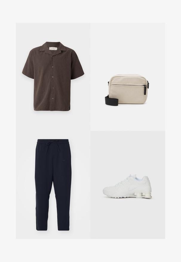 Krátky rukáv, tmavohnedá košeľa s jemnými vertikálnymi pruhmi, s golierom, gombíkovým zapínaním a voľným strihom. Mäkká tkanina a hladká textura.; Námořnické jogger nohavice vyrobené z jemného materiálu, s elastickým pasem na šnúrku, zúženými nohavicami a bočnými kapsami.; Biely športový topánka s hladkým syntetickým zvrškom, štruktúrovanými akcentmi a charakteristickou segmentovanou pätou na pohlcovanie nárazov. Šnurovací dizajn.; Kremovo sfarbená kordová crossbody taška s čiernym zipsom, odnímateľným popruhom a textúrovaným vzorom. Obsahuje jednu hlavnú priehradku a predný vrecko.