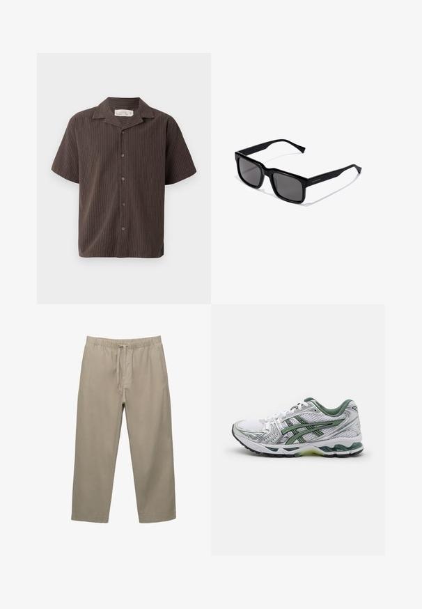 Krátky rukáv, tmavohnedá košeľa s jemnými vertikálnymi pruhmi, s golierom, gombíkovým zapínaním a voľným strihom. Mäkká tkanina a hladká textura.; Béžové bavlnené nohavice s elastickým pásom a nastaviteľnou šnúrkou. Rovný strih s bočnými vreckami a hladkým povrchom.; Biele bežecké topánky so striebornými akcentmi, zeleným sieťovinovým golierom a zelenými pruhmi. Majú textúrovaný sieťovinový zvršok a polstrovanú podrážku.; Čierne obdĺžnikové slnečné okuliare s tmavými šošovkami; lesklý plastový rám so rovnými stranami a nenápadným logom na boku.; Strieborné hodinky z nehrdzavejúcej ocele s okrúhlym bielym ciferníkom, čiernym tachymetrickým rádiom, zelenými akcentmi a kovovým náramkom.