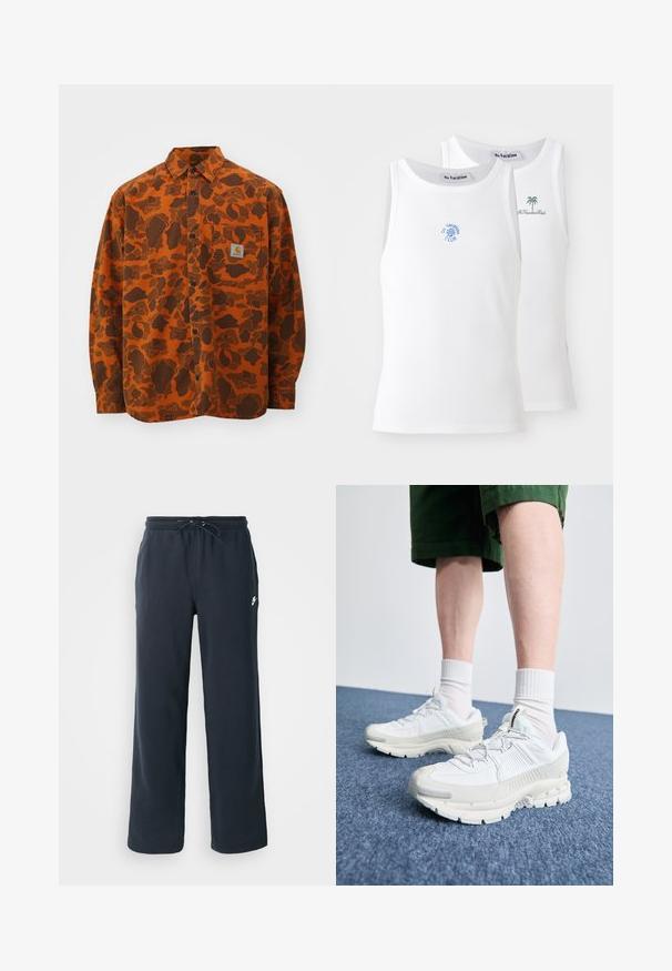 Carhartt WIP DUCK - Camicia - green/turmeric; Due canotte bianche, texture a costine, con loghi ricamati blu e verdi. Una presenta un design con il sole, l'altra con una palma.; Pantaloni della tuta blu scuro con vita elastica e cordino. Realizzati in morbido tessuto, con un piccolo logo bianco sul fianco sinistro.; Scarpe da ginnastica bianche con sovrapposizioni testurizzate, suola spessa e accenti grigi. Indossate con calze corte bianche e pantaloni corti verdi su una superficie blu.