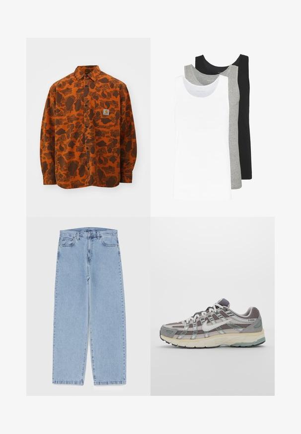 Carhartt WIP DUCK - Krekls - green/turmeric; Trīs bezmaku blūzes baltā, pelēkā un melnā krāsā. Katrai no tām ir klasiska bezmaku dizaina forma, izgatavota no viegla kokvilnas auduma ar ribotu tekstūru.; Gai zila džinsu bikses ar taisnu kāju dizainu, kas piedāvā vidēju vidukļa augstumu, piecas kabatas un pogas un rāvējslēdzēja aizdari.; Pelēkie sporta apavi ar tīkla un zamša augšdaļu, baltiem akcentiem, mīkstinātu zoli un izcilu dizainu ar atstarotājiem.