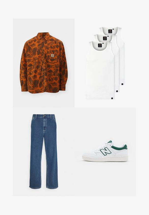 Carhartt WIP DUCK - Pluus - green/turmeric; Kolm valget ribaga t-särki, mis on valmistatud puuvillast. Omavad ümmargust kaelanõhku ja väikseid musti silte hemme lähedal. Saadaval erinevates suurustes.; Sinine teksapüksid sirge lõike, viie tasku disaini, metallnõela sulgemise ja nähtava nõelumisega õmbluste ja servade ääres.; Valged spordijalatsid roheliste aktsentidega, nahast ülemine osa, aukudega varvas, paelaga sulgemine ja tekstuuriga kummist välistald. Silmapaistev "N" logo.