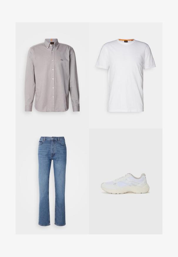 Camisa de botones gris claro en una tela ligera, con cuello, mangas largas y un pequeño logo bordado en el pecho.; Camiseta de algodón blanca con cuello redondo, mangas cortas y un sutil logo en relieve en el pecho. La etiqueta interior tiene un acento naranja.; Jeans de mezclilla azul con cintura alta, diseño de pierna recta y un ligero desgaste. Presentan un estilo clásico de cinco bolsillos y un cierre de cremallera.; Zapatillas deportivas blancas hechas de malla y ante, con una entresuela texturizada, acentos texturizados y el logo "HUGO" en el lateral.