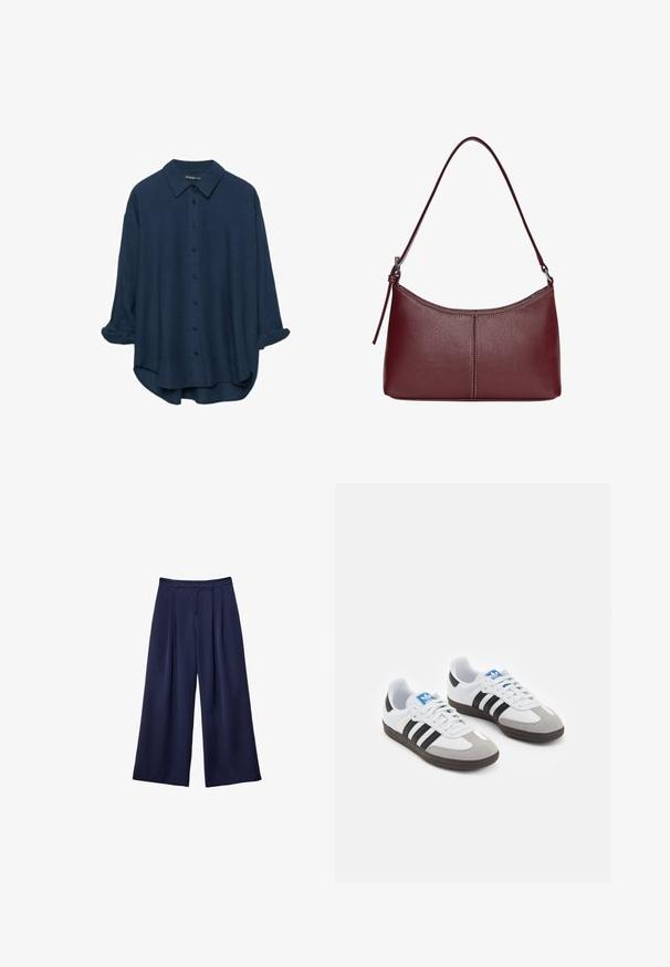 Mörkblå skjorta med knappar och klassisk krage, långa ärmar som är upprullade, mjuk textur och en avslappnad passform med en lätt böjd fåll.; Marinblå vida byxor med veck, knappad midja och bälteshällor, visade liggande på en vit bakgrund.; Sportskor med överdel i vit läder, grå mocka på tårna och tre svarta ränder. Har en blå logotyp på tungan och en texturerad gummisula.; Vinröd läderhandväska med en böjd form, en enkel axelrem och sömnadsdetaljer i mitten. Slät textur, minimal hårdvara.