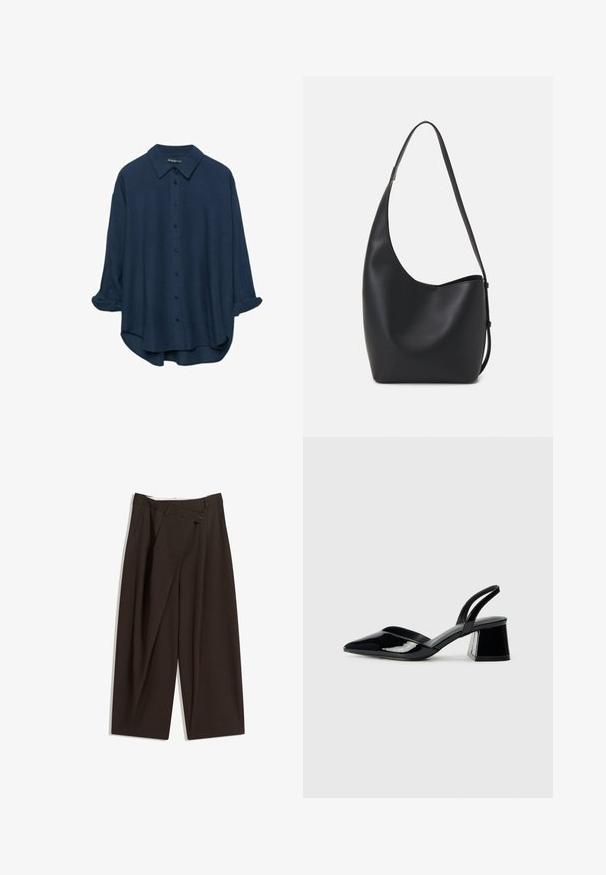 Tmavě modrá košile s knoflíky a klasickým límcem, dlouhé rukávy vyhrnuté, měkká textura a uvolněný střih s mírně zakřiveným lemem.; Tmavě hnědé široké kalhoty s vysokým pasem, vybavené jedním tlačítkem na zapínání a plisovaným předním dílem. Vyrobené z lehkého materiálu.; Černé lakované kožené lodičky na pásku s špičatou špičkou a geometrickým blokovým podpatkem. Vyznačují se elegantním, minimalistickým designem a hladkým povrchem.; Černá kožená hobo taška s hladkým povrchem, zakřiveným tvarem a jedním nastavitelným popruhem; má široké otevírání nahoře.