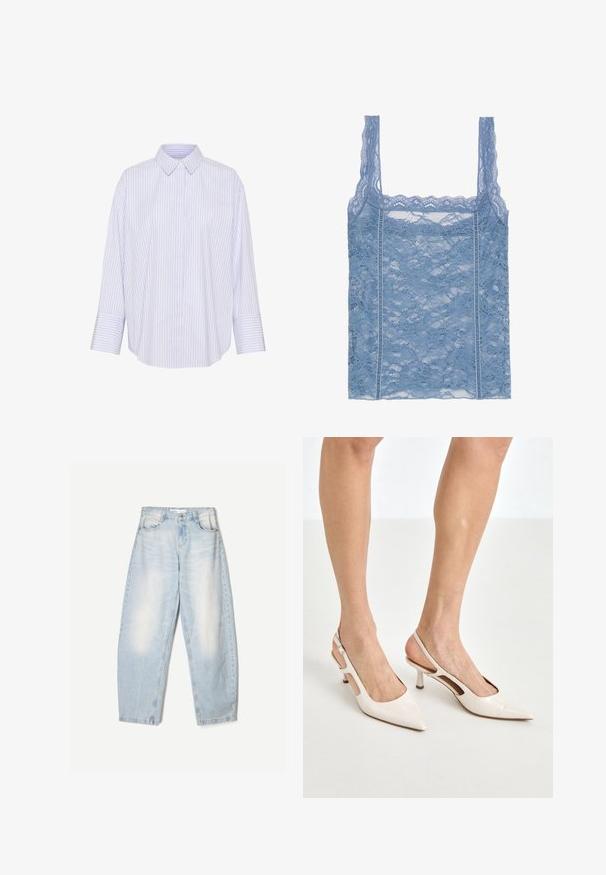 Gestreepte button-up shirt in lichtblauw en wit, met een kraag, lange mouwen en een relaxed fit met een gebogen zoom.; Lichtblauw kant topje met dunne bandjes, voorzien van een gegolfde kantafwerking en bloemenpatroon, ontworpen voor een strakke pasvorm.; Lichtblauwe denim jeans met een losse pasvorm, voorzien van een vervaagde afwerking, twee voorzakken en een knoopsluiting bij de taille.; Beige gepatineerde leren slingback hakken met een spitze neus en een hak van 5 cm, met uitsparingen aan de zijkanten en een dunne enkelband.