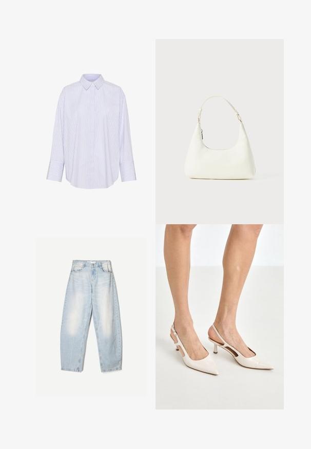Randig skjorta i ljusblått och vitt, med krage, långa ärmar och en avslappnad passform med böjd nederkant.; Ljusblå spetslinne med tunna remmar, prytt med en vågig spetskant och blommönster, designad för en figurnära silhuett.; Ljust blå denimjeans med en lös passform, med en urblekt finish, två framfickor och en knappstängning vid midjan.; Beige lackläder slingbackklackar med spetsig tå och 5 cm klack, med utskurna sidor och ett tunt ankelband.; Liten vit axelväska med en justerbar rem och dragkedjestängning, placerad mot en enfärgad vit bakgrund.