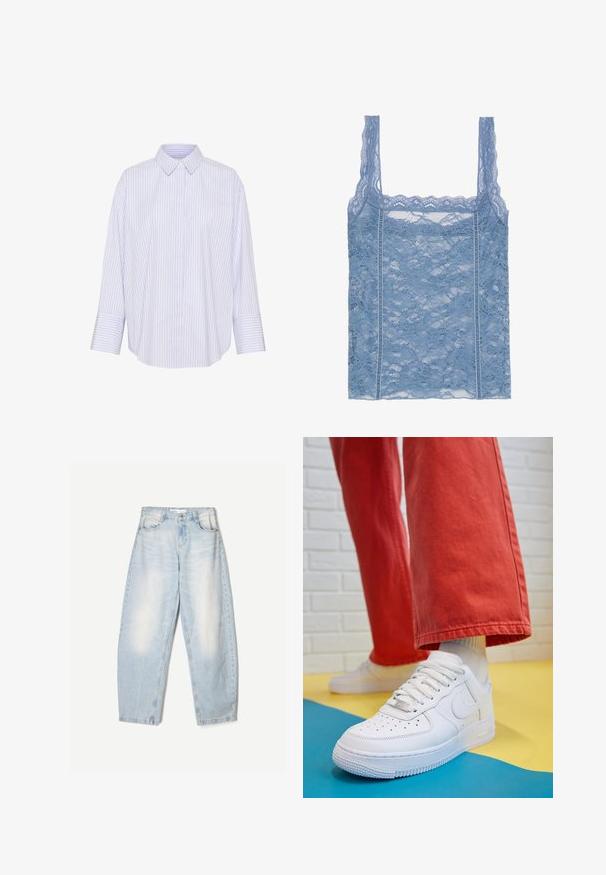 Randig skjorta i ljusblått och vitt, med krage, långa ärmar och en avslappnad passform med böjd nederkant.; Ljusblå spetslinne med tunna remmar, prytt med en vågig spetskant och blommönster, designad för en figurnära silhuett.; Ljust blå denimjeans med en lös passform, med en urblekt finish, två framfickor och en knappstängning vid midjan.; Vita lädersneakers med perforerat tåparti, texturerad sula och vita snören, kombinerat med vida röda byxor och en blå och gul bakgrund.