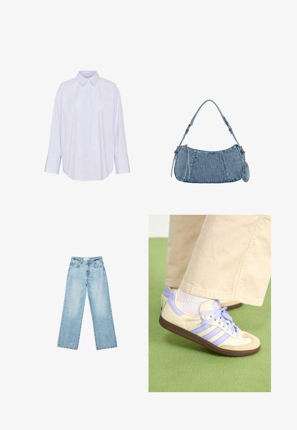 Gestreifte Hemdbluse in Hellblau und Weiß, mit Kragen, langen Ärmeln und einer lockeren Passform mit abgerundetem Saum.; Helle blaue Denim-Jeans mit weitem Bein und hoher Taille, im lässigen Look mit einem ausgewaschenen Finish und kleinen, verstreuten Used-Effekten.; Cremefarbene und lavendelfarbene Sneakers mit drei Streifen und einer strukturierten braunen Sohle, ausgestattet mit Schnürsenkeln und einer gepolsterten Ferse. Obermaterial aus weichem Stoff.; Denim-Handtasche mit geschwungener Form, hellblauer Farbe, verstellbarem Schultergurt und einem kleinen abnehmbaren Täschchen mit metallischen Akzenten.