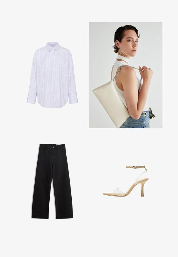 Csíkos, világoskék és fehér gombos ing, amely nyakkal, hosszú ujjal és laza szabással rendelkezik, ívelt alsó résszel.; Fekete, bő szabású farmernadrág magas derékkal, elülső és hátsó zsebekkel, varrott felületekkel és gombos záródással. Sima textúra.; Átlátszó felsőrészű, áttetsző sarkú szandál, bézs talpbetéttel és vékony bokapánttal. Hegyes orral és vékony, magas sarokkal rendelkezik.; Fehér, téglalap alakú, fényes anyagból készült clutch táska, ezüst láncos pánttal. A modell pózol, bemutatva a táskát egy egyszínű háttér előtt.