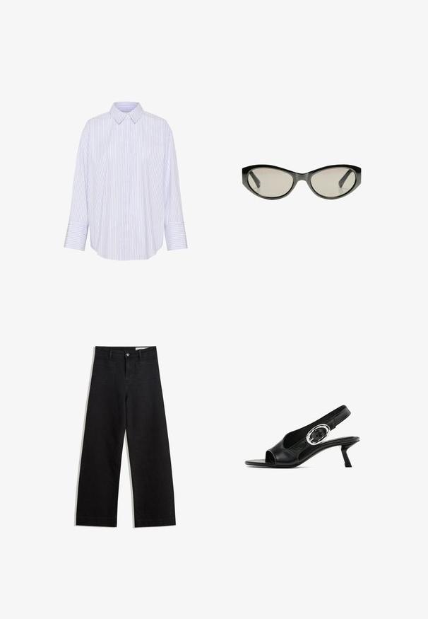 Camicia a righe button-up in azzurro chiaro e bianco, dotata di colletto, maniche lunghe e una vestibilità rilassata con orlo curvo.; Pantaloni in denim neri a gamba larga con vita alta, dotati di tasche anteriori e posteriori, cuciture a punto, e chiusura con bottone. Texture liscia.; Scarpa slingback in pelle nera con punta aperta, dotata di una particolare fibbia ovale argento sulla cinghia e un tacco a rocchetto sottile. Texture liscia.; Occhiali da sole neri a forma di occhio di gatto con lenti grigie. La montatura in plastica presenta bordi affilati e una finitura liscia e lucida.