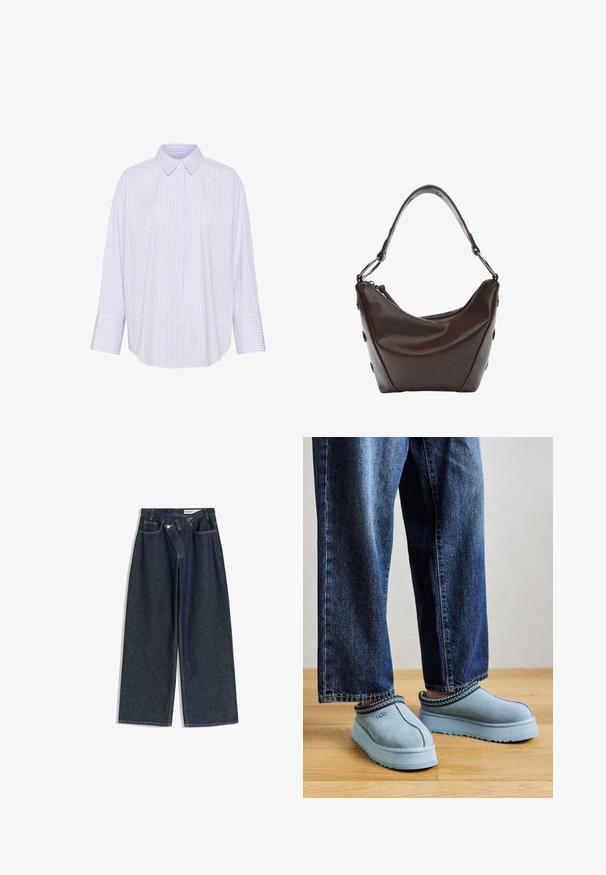 Pruhovaná košile s knoflíky v světle modré a bílé barvě, s límečkem, dlouhými rukávy a volnějším střihem s zakřiveným lemem.; Široké tmavě modré džíny s vysokým pasem, pěti kapsami a kontrastním prošitím. Disponují kovovým knoflíkem a zipem na zavírání.; Modré semišové slip-on UGG boty s tlustou podrážkou obuté v modrých džínách na dřevěné podlaze proti jednoduchému pozadí.; Tmavě hnědá kožená kabelka s oblým tvarem, na zip a s krátkým uchopovacím držadlem. Obsahuje kovové detaily a dekorativní černé knoflíky po stranách.