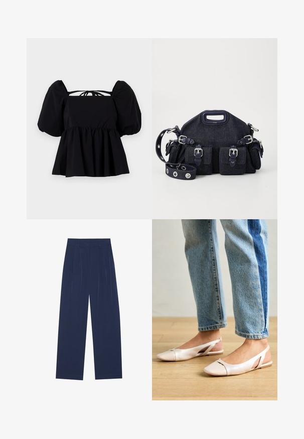 Blouse noire à manches bouffantes avec un décolleté carré, taille froncée et détail de nœud dans le dos. Fabriquée en tissu léger avec une texture lisse.; Pantalons larges bleu marine en tissu doux, dotés de pliures à l'avant, d'une texture lisse et d'une coupe droite sans poches visibles.; Ballerines slingback rose pâle avec un bout pointu, fabriquées en un matériau semblable au cuir lisse. Présentent des découpes sur les côtés et un talon plat.; Sac en denim bleu foncé avec une forme arrondie, plusieurs poches extérieures, une bandoulière réglable et des détails en métal argenté. Poignée supérieure incluse.