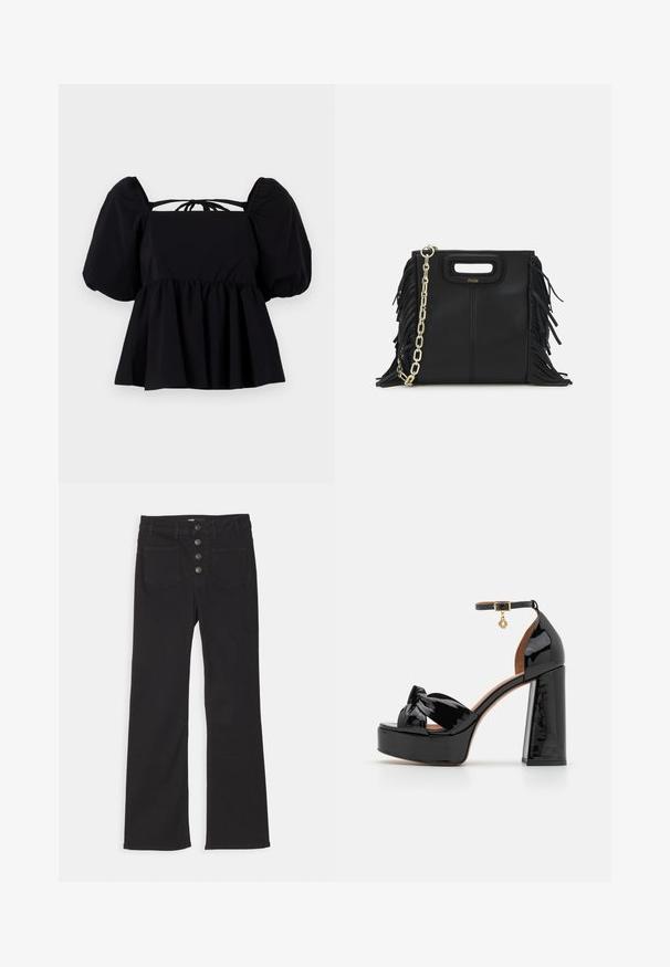 Schwarze Bluse mit Puffärmeln und quadratischer Ausschnitt, geraffter Taille und Bindeband im Rücken. Hergestellt aus leichtem Stoff mit glatter Textur.; Schwarze, ausgestellt geschnittene Jeans aus Denim mit hoher Taille, fünf Taschen und einem frontalen Knopfverschluss mit vier Metallknöpfen.; Maje High Heel Sandalette - noir; Schwarze Lederhandtasche mit Fransen-Details, goldener Ketten-Schulterriemen und einem ausgeschnittenen Griff. Mit Logoplatzierung auf der Vorderseite.