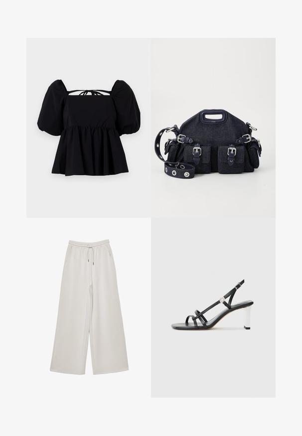 Črna bluzica s pufastimi rokavi in kvadratnim izrezom, z nabranim pasom in detajlom z vezi na hrbtu. Narejena iz lahkotnega materiala s gladko teksturo.; Svijetlosive široke hlače od mekog materijala s elastičnim pojasom, podešivom špagom i bočnim džepovima. Glatka tekstura cijelom dužinom.; Črne sandale s peto z več ozkimi trakovi, dizajn slingback in srebrnim poudarkom na peti. Gladek zgornji material in kvadratna peta.; Temno modra denim torba zaokrožene oblike, z več zunanjimi žepi, nastavljivim trakom in srebrnimi kovinskimi detajli. Vključena je tudi zgornja ročica.