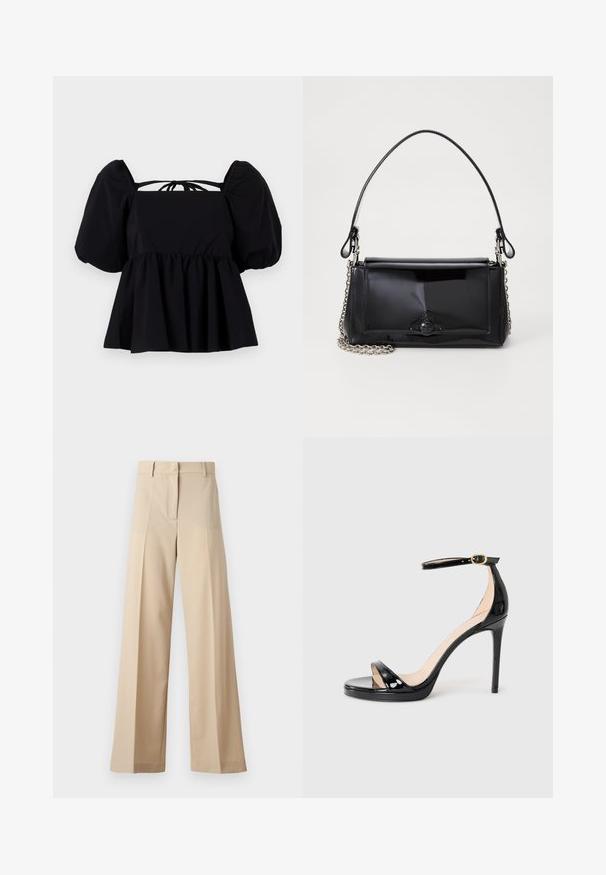 Black puff-sleeve blouse with a square neckline, gathered waist, and a tie-back detail. Made from lightweight fabric with a smooth texture.; Beige wide-leg trousers made of smooth fabric, featuring a flat front with pleats, a zip fly, and belt loops. Tailored fit overall.; Black patent leather high-heeled sandal with ankle strap and gold buckle, open toe, and slim stiletto heel on a plain background.; Black patent leather handbag with a rectangular shape, chain strap, and a distinctive hardware accent in the center. Smooth texture.