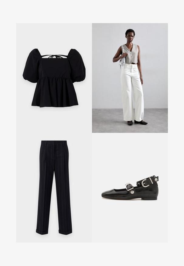Schwarze Bluse mit Puffärmeln und quadratischer Ausschnitt, geraffter Taille und Bindeband im Rücken. Hergestellt aus leichtem Stoff mit glatter Textur.; Schwarz gestreifte Hose mit tailliertem Schnitt, mit einem umgeschlagenen Saum und vorderen Falten. Hergestellt aus glattem Stoff mit einer strukturierten Gestaltung.; Schwarze Lackleder-Ballerina mit eckiger Zehenpartie, Knöchelriemen mit silberner Hardware und flacher Sohle. Glatte Textur mit minimalistischen Design.; Grauer, verkürzter Weste mit Knöpfen, kombiniert mit weißen, weit geschnittenen Jeans und schwarzen flachen Schuhen. Ergänzt durch eine kleine silberne Fransenhandtasche.