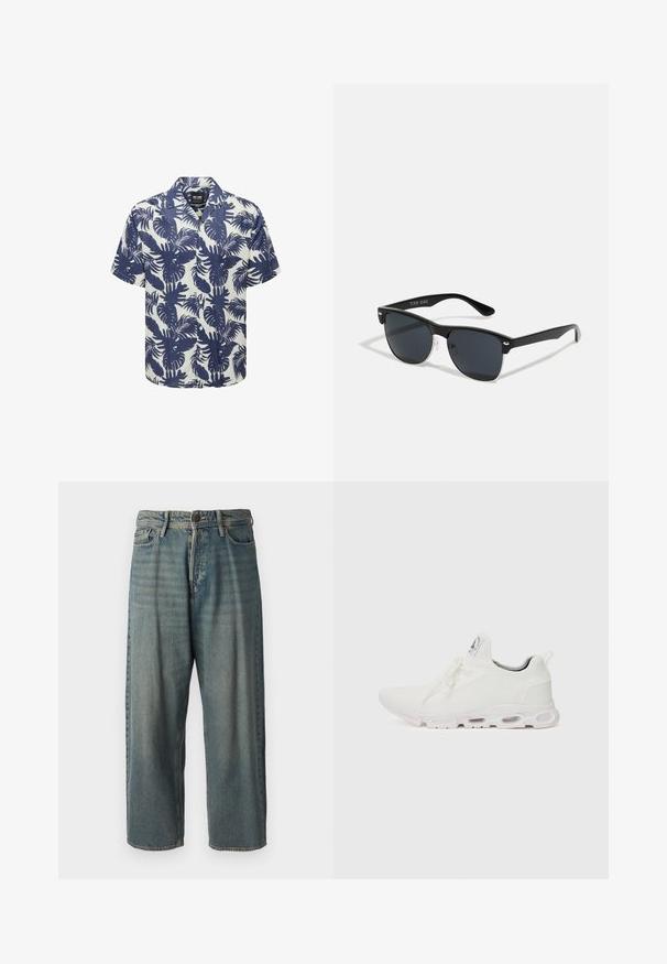 Lühikeste varrukatega särk valgest kangast, millel on tumesinised palmi lehtede mustrid. Omab kraed ja nuppe ees, vaba lõikega.; Heledad sinine denim-stiilis teksad, volüümse lõike, keskmise kõrgusega talje ja sirgete säärega. Omab viit taskut, vöökumme ja nööpide sulgemist.; Valged sportijalatsid, millel on tekstuuriga kudum peal, lame paelad ja pehmendatud tallad nähtavate õhukambritega täiendava toe jaoks.; Mustad mustmikrooni kujuga mustad prillid, tumedate klaasidega, hõbedased detailid templite juures ja mati viimistlusega raam.