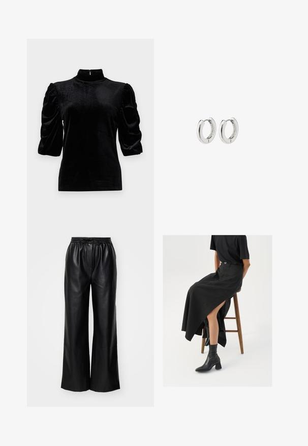 Black velvet top with a high collar, short puff sleeves, and a slim fit. Smooth texture and minimalistic design without patterns.; Long-sleeve sheer top in deep purple, featuring a textured pattern with shimmering accents. Straight hem and wide neckline.; Black leather wide-leg pants with an elastic waistband and adjustable drawstring; smooth texture with a clean, minimalist design.; Black linen maxi skirt with a high slit, worn with a black t-shirt and black ankle boots. Minimalistic design with a relaxed fit.; Silver hoop earrings with a polished finish, featuring a circular design and seamless hinges, displaying a smooth texture.