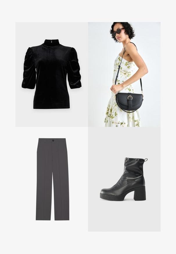 Černý sametový top s vysokým límcem, krátkými nabíranými rukávy a úzkým střihem. Hladká textura a minimalistický design bez vzorů.; Šedé kalhoty se střihem rovného nohavice, vybavené dvěma bočními kapsami a knoflíkovým zapínáním. Hladká tkanina bez viditelných vzorů nebo akcentů.; Černé kotníkové boty vyrobené z hladké kůže, s bočním zipem, robustním strukturovaným podpatkem a kulatou špičkou.; Černá kožená kabelka s křivkovým tvarem, odnímatelným popruhem a zlatými detaily. Kabelka má klopu s přezkou.