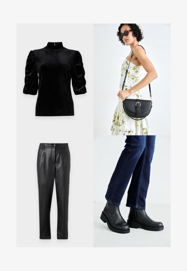 Black velvet top with a high collar, short puff sleeves, and a slim fit. Smooth texture and minimalistic design without patterns.; Black leather pants with a smooth texture, straight fit, elastic waistband, and a front button closure; pleated detailing and tapered legs.; Black leather ankle boots with a chunky sole and side elastic panels, paired with dark blue jeans. The ground is light-colored.; Black leather handbag with a curved shape, detachable strap, and gold hardware. The bag features a flap with a buckle detail.