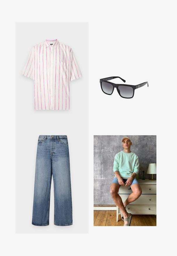 Kortærmet skjorte med knapper i hvidt stof med lodrette striber i pink og grøn. Har en lomme på venstre side.; Hvid bomulds t-shirt med en klassisk rund hals, korte ærmer og et lille, gråt GAP-logo på venstre bryst. Enkel, udekoreret design.; Vidde ben blå denim jeans med en falmet vask, fem-lomme design og knaplukning. Udstyret med bælteløkker og sømdetaljer.; Mintgrøn sweatshirt, denimshorts og olivengrønne slip-on sko. Sidder på et lyseget skab mod en struktureret grå væg.; Guess Solbriller - glossy black smoke gray