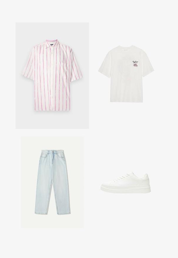 Kratkotrupna srajca s kratkimi rokavi iz belega blaga z vertikalnimi črtami v roza in zeleni barvi. Ima žep na levi strani.; Bela bombažna majica s kratkimi rokavi in okroglim ovratnikom, z vezenim cvetličnim vzorcem v roza in črni barvi na levem prsnem delu.; Svjetloplave traperice s ležernim krojem, ravnim nogavicama, dizajnom s pet džepova i suptilnim izblijedjenjem na tkanini.; Bela teniska z gladkim usnjenim zgornjim delom, ravnimi vezalkami in debelim gumijastim podplatom. Minimalistična zasnova vključuje diskretno šivanje in brezšivne detajle.