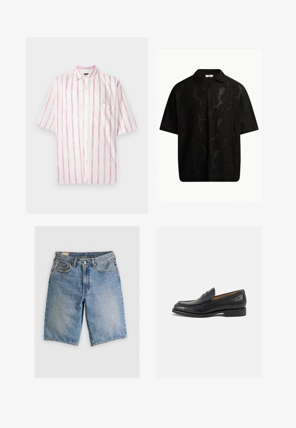 Kurzärmliges Hemd in weißem Stoff mit vertikalen Streifen in Pink und Grün. Mit einer Tasche auf der linken Seite.; Schwarzes Kurzarm-Polo-Shirt mit einem strukturierten, abstrakten Muster. Der Kragen ist flach und leicht geöffnet, was das entspannte Design unterstreicht.; Jeansshorts in Hellblau mit klassischem Schnitt. Verfügt über fünf Taschen, orangene Nähte und ausgefranste Säume.; Schwarze Leder Slipper mit glatter Oberfläche, runder Spitze und dekorativer Naht auf dem Vorderblatt. Niedriger Blockabsatz und leichter Glanz.