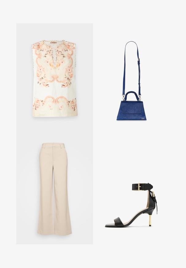 Top sin mangas de flores en una tela ligera. Presenta patrones de flores en tonos rosa suave y beige, escote redondo y un ribete en forma de ondas a lo largo de los hombros.; Pantalones de pierna ancha beige con una textura suave, que presentan una cintura alta y dos bolsillos frontales. Diseño limpio con un ajuste entallado.; Sándal de tacón de cuero negro con punta cuadrada, correa en el tobillo con hebilla dorada y un tacón metálico esbelto. Textura suave, diseño minimalista.; Bolso de mano de imitación piel azul con forma triangular, asa superior y correa de hombro ajustable. Presenta una textura suave y detalle de solapa en la parte frontal.
