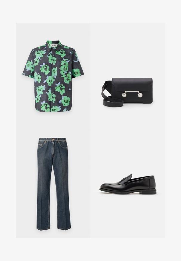 Cămașă cu mâneci scurte din material închis la culoare, cu un imprimeu floral mare în nuanțe de verde și albastru deschis. Include un buzunar pe piept cu clapetă.; Jeans din denim drept, de culoare albastră închisă, cu nasture frontal, fermoar, două buzunare frontale și cute verticale vizibile pe picioare.; Mocasini din piele neagră cu o textură netedă, vârf rotund și o curea decorativă peste partea superioară. Toc mic, design minimalist.; Geantă din piele neagră, tip crossbody, cu închidere prin clapetă, accesorii din metal de culoare argintie și două accente rotunde. Dispune de o curea detașabilă. Textură netedă.