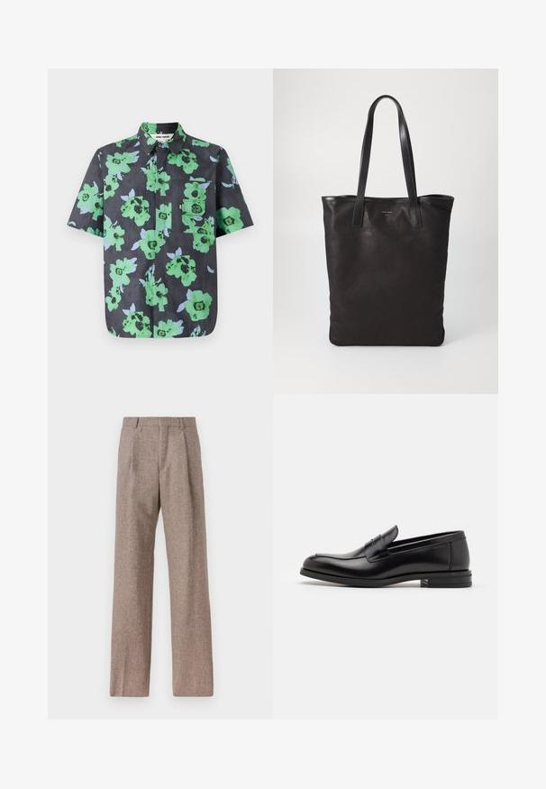 Košela s krátkym rukávom z tmavého materiálu s veľkým zeleným a svetlomodrým kvetinovým vzorom. Obsahuje náprsné vrecko s klopou.; Hnedé, vysoké nohavice vyrobené z texturovanej látky. Majú široké nohavice a dva predné záhyby pre štruktúru. Úhľadné spracovanie bez viditeľného kovania.; Čierne kožené mokasíny s hladkou textúrou, zaoblenou špičkou a dekoračným pásikom cez priehlavok. Nízky vrstvený opätok, minimalistický dizajn.; Čierna plátená taška s čiernymi koženými ušami. Jednoduchý dizajn, priestranné telo a hladká textúra. Žiadne viditeľné logo ani vzory.