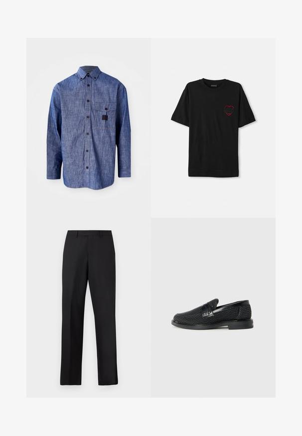 Kék farmer hosszú ujjú ing, gombos gallérral, elülső zsebével és finom textúrával. Sötét gombokkal és kontrasztos varrással rendelkezik.; Fekete pamut póló rövid ujjakkal, bal mellején piros hímzett szívmintával. Klasszikus kerek nyak, laza szabású.; Fekete, egyenes szárú nadrág sima anyagból. Standard derékpánttal rendelkezik, és nincsenek látható minták vagy díszítések.; Fekete szőtt slip-on cipő sima bőr díszítéssel a felsőrészen, kerek orral és alacsony profilos gumitalppal.