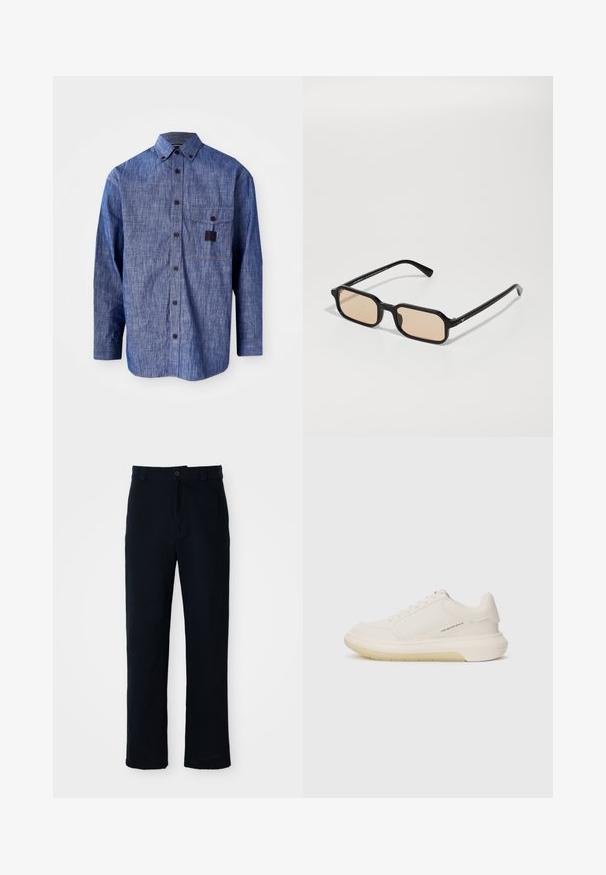 Blå denim skjorte med lange ermer, knapp-ned krage, brystlomme foran og subtil tekstur. Har mørke knapper og kontrastssøm.; Navyblå bukser laget av bomull, med rett ben-design, frontlukking med knapp og klassisk midje med beltehanker.; Hvite sneakers med glatt skinnøvre, rund tå og tykk gummisåle. Har minimal søm og en subtil logodetalj på siden.; Sorte rektangulære solbriller med lysebrune linser, med en tykk ramme, kantete form og subtile gullaksenter på stengene.
