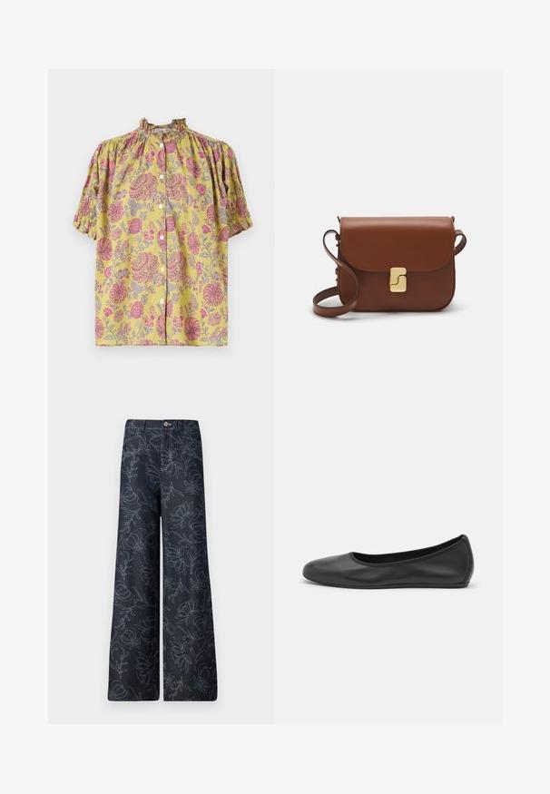 Bluză florală galbenă cu modele roz și gri, mâneci bufante, decolteu volănaș și închidere frontală cu nasturi.; Pantaloni largi din denim închis, cu un model floral brodat în bleu deschis. Design clasic cu cinci buzunare și închidere frontală cu button.; Balerini din piele neagră, cu vârf rotund, textură netedă, detalii de cusătură minimale și un design al tălpii flexibil.; Geantă de piele maro cu închidere tip capac, accesorii de culoare aurie, curea de umăr și o textură netedă. Formă compactă și rectangulară.
