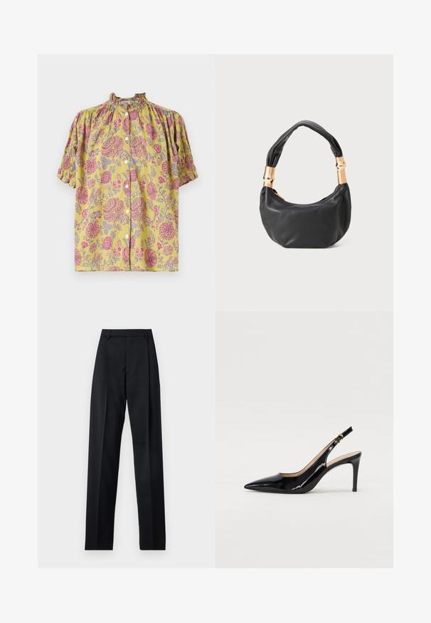 Dzeltena ziedu blūze ar rozā un pelēkiem rakstiem, pušķotām piedurknēm, ruffles izgriezumu un priekšējo pogu aizdari.; Melnas bikses, izgatavotas no gludas auduma, ar augstu vidukli, platiem bikšu galdniekiem, priekšējiem krokām un klasiskām jostu cilpām. Sānu kabatas nav redzamas.; Melnas lakotās ādas slingback kurpes ar izteiktu degunu, šauru papēdi un smalku izgriezumu dizainu. Siksniņai ir zelta sprādze.; Melnas ādas rokassoma ar apaļu formu, mīkstu tekstūru un mezgla rokturi, kas rotāts ar zelta tonētiem aksesuāriem. Ar rāvējslēdzēja aizdari.