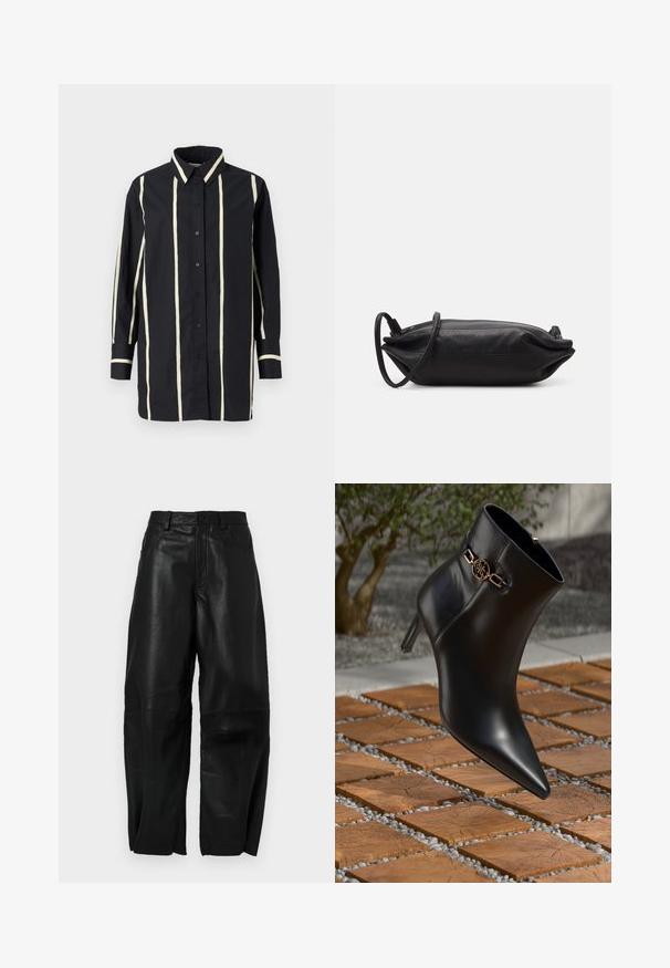 Cămașă neagră cu mâneci lungi, cu dungi verticale bej, închidere cu nasturi, guler clasic și manșete și bordură contrastante.; Pantaloni din piele neagră, cu o croială lejeră, având un design drept, buzunare frontale și detalii de cusătură vizibile.; Botine negre din piele, cu vârf ascuțit și tocul mic. Prezintă un accent din lanț auriu la gleznă. Încadrate de o suprafață texturată din piatră.; Geantă de mână din piele neagră, cu o formă rectanguală, textură netedă, curea subțire pentru umăr și design minimalist.