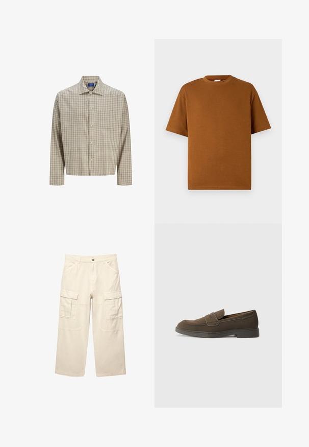 Beige- und braun-karierte Hemd mit Knopfleiste, spitzen Kragen, langen Ärmeln, einer einzelnen Brusttasche und einem lockeren Schnitt. Hergestellt aus gewobenem Stoff.; Braunes Kurzarm-T-Shirt aus weichem Stoff, mit rundem Halsausschnitt und lässiger Passform sowie geradem Saum. Keine sichtbaren Muster oder Akzente.; Beige Cargo-Hosen aus Baumwolle, mit zwei Seitentaschen, geradem Beinanschnitt und genähten Details. Sie erscheinen leicht und strapazierfähig.; Braunes Wildleder-Loafer mit runder Kappe, einem Riemen über dem Spann und einer flachen Gummisohle. Einfaches Design mit klaren Linien und minimalen Details.