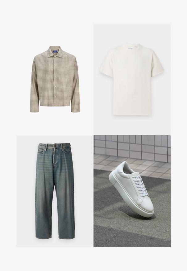 Cămașă bej și maro în carouri, cu guler ascuțit, mâneci lungi, un buzunar pe piept și o croială lejeră. Fabricată din material țesut.; Tricou alb cu maneci scurte, dintr-un material ribbed. Guler rotund, croi lejer, fără modele sau accente vizibile. Design simplu și versatil.; Jeans din denim bleu deschis, cu o croială lejeră, talie medie și picioare drepte. Au cinci buzunare, bucle pentru curea și închidere cu nasture.; Sneaker alb din piele cu o suprafață netedă, vârf rotund și șireturi plate albe. Dispune de o talpă din cauciuc texturată și elemente de design minimale.