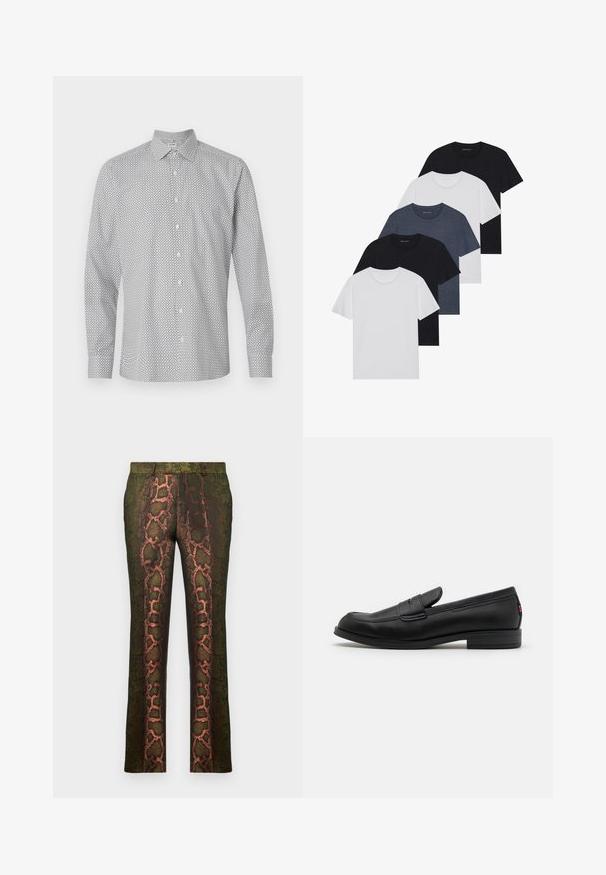 Weißes Hemd mit schwarzem geometrischem Muster. Verfügt über lange Ärmel, einen Kragen und eine normale Passform.; Set aus fünf T-Shirts in Schwarz, Weiß und Marineblau. Baumwollstoff, kurze Ärmel, Rundhalsausschnitt und schlichte Textur ohne Muster.; Grüne gemusterte Hosen mit einem Schlangenmusterdruck in Brauntönen und Orange, gerade geschnitten und mit einer glatten Textur.; Schwarze Lederloafer mit glatter Oberfläche, abgerundetem Zehenbereich und einem kleinen dekorativen Riegel. Ausgestattet mit einem niedrigen, gestapelten Absatz und einem dezenten Markenlogo.