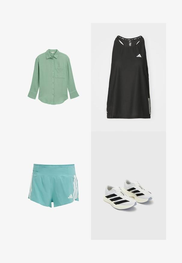 Light green button-up shirt made of textured fabric. Features a chest pocket, long sleeves, and a collar.; Black sleeveless athletic top with a round neckline. Features a white logo and three white stripes at the sides; made of breathable fabric.; Light blue athletic shorts featuring a textured fabric, white side stripes, and a waistband pocket for storage. Suitable for sports activities.; White athletic shoes with black stripes and branding, featuring a mesh upper, rounded toe, and thick cream sole for cushioning.