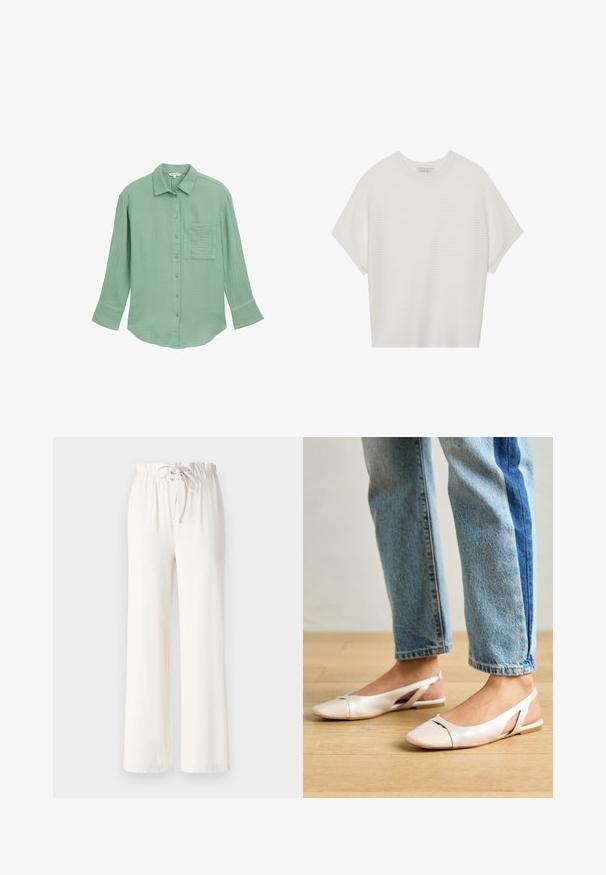 Lichtgroen button-up shirt gemaakt van gestructureerde stof. Beschikt over een borstzak, lange mouwen en een kraag.; Witte T-shirt met korte mouwen, een brede ronde hals en een gestructureerd ribpatroon, gemaakt van zachte stof. Het shirt heeft een ontspannen pasvorm en een strakke uitstraling.; Witte wijde broek van zacht materiaal, met een tailleband met trekkoord en een gladde textuur. Geen patronen of versieringen zichtbaar.; Zachtroze slingback ballerina's met een spitse neus, gemaakt van een glad leerachtig materiaal. Bevat uitsnijdingen aan de zijkanten en heeft een platte hak.
