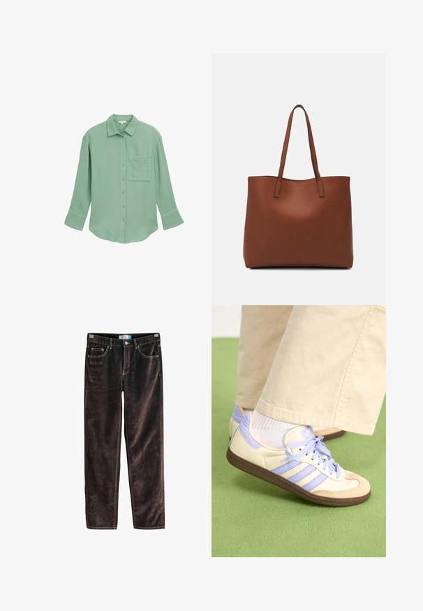 Light green button-up shirt made of textured fabric. Features a chest pocket, long sleeves, and a collar.; Brown corduroy straight-leg pants with five pockets, contrasting stitching, and a button closure at the waist. Soft texture with ribbed pattern.; Cream and lavender sneakers with three stripes and a textured brown sole, featuring laces and a padded heel. Soft fabric upper.; Brown leather tote bag with a smooth texture, open top design, and two shoulder straps. Features minimal stitching and no visible hardware.