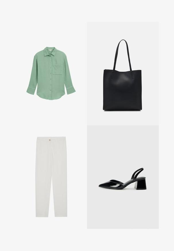 Helles grünes Hemd mit Knöpfen, aus strukturiertem Stoff. Verfügt über eine Brusttasche, lange Ärmel und einen Kragen.; Weisse, maßgeschneiderte Hosen mit geradem Bein, die über einen Knopfverschluss, Gürtelschlaufen und Seitentaschen verfügen; glatte Stoffoberfläche.; Schwarze Lackleder-Slingback-High Heels mit spitzem Schuh und einem geometrischen Blockabsatz. Verfügt über ein schlankes, minimalistisches Design und eine glatte Textur.; Schwarze Laptoptasche aus Leder mit glatter Textur, rechteckiger Form und zwei langen Griffen. Keine sichtbaren Beschläge oder Verzierungen.