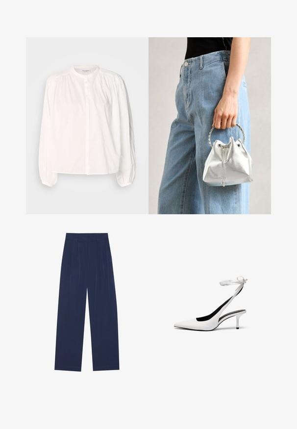 White long-sleeve blouse with a round neckline, button closure, and gathered detailing on the shoulders. Smooth cotton fabric.; Navy blue wide-leg pants made of soft fabric, featuring front pleats, a smooth texture, and a straight fit with no visible pockets.; White pointed-toe slingback heels with a thin ankle strap. Smooth leather material, thin stiletto heel, and a black interior lining.; Metallic silver bucket bag with a textured finish, adorned with a silver round handle and drawstring closure, held against light blue jeans.